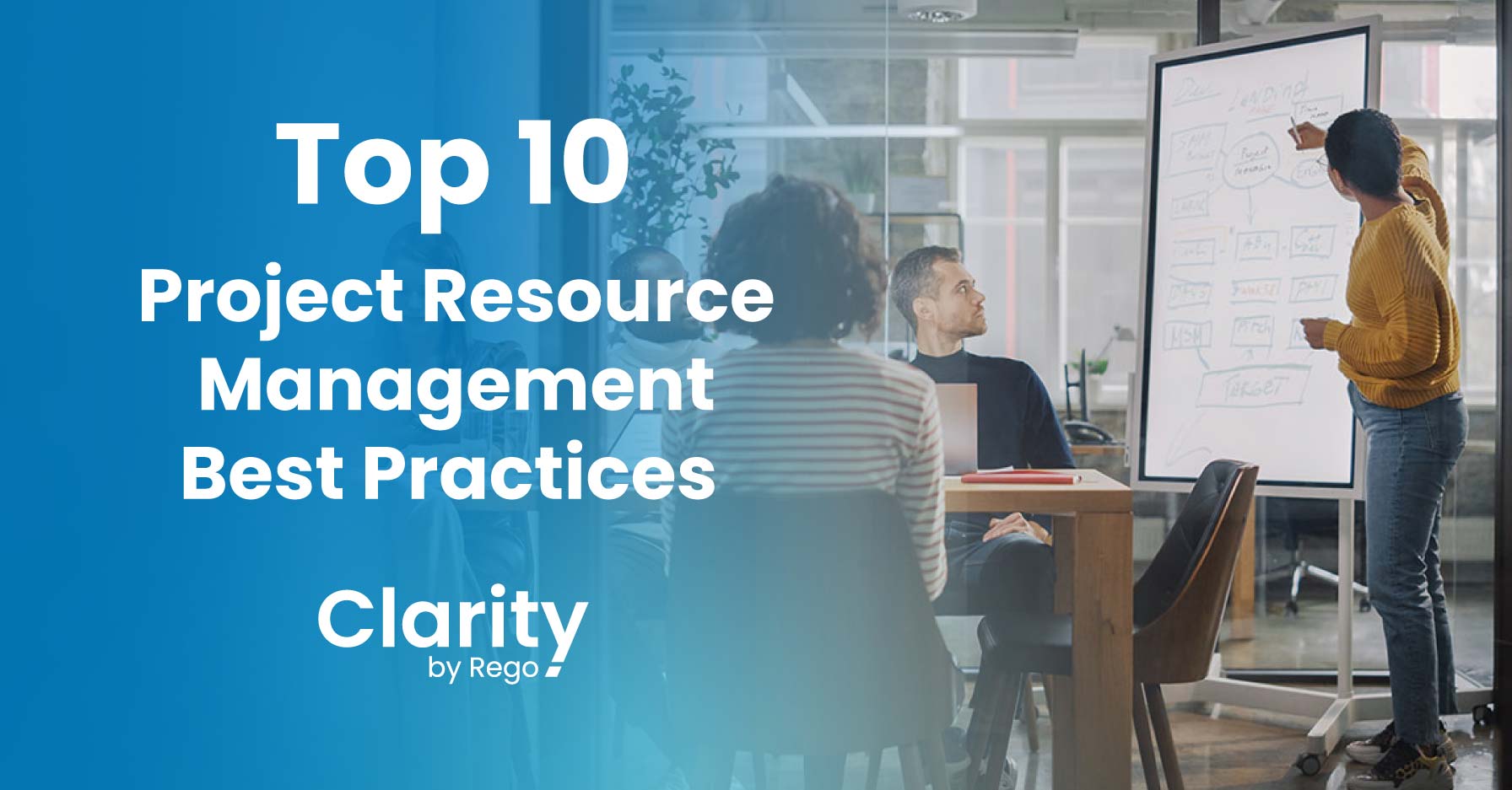 A banner image titled "Top 10 Project Resource Management Best Practices." The text is in bold white letters on a blue gradient background. Below, the text reads "Clarity by Rego." On the right side, a collaborative office setting is shown, with a team of professionals. One person is standing and pointing to a whiteboard with a flowchart, while others are seated, attentively listening and engaging. The image conveys a professional and collaborative environment focused on project resource management strategies.