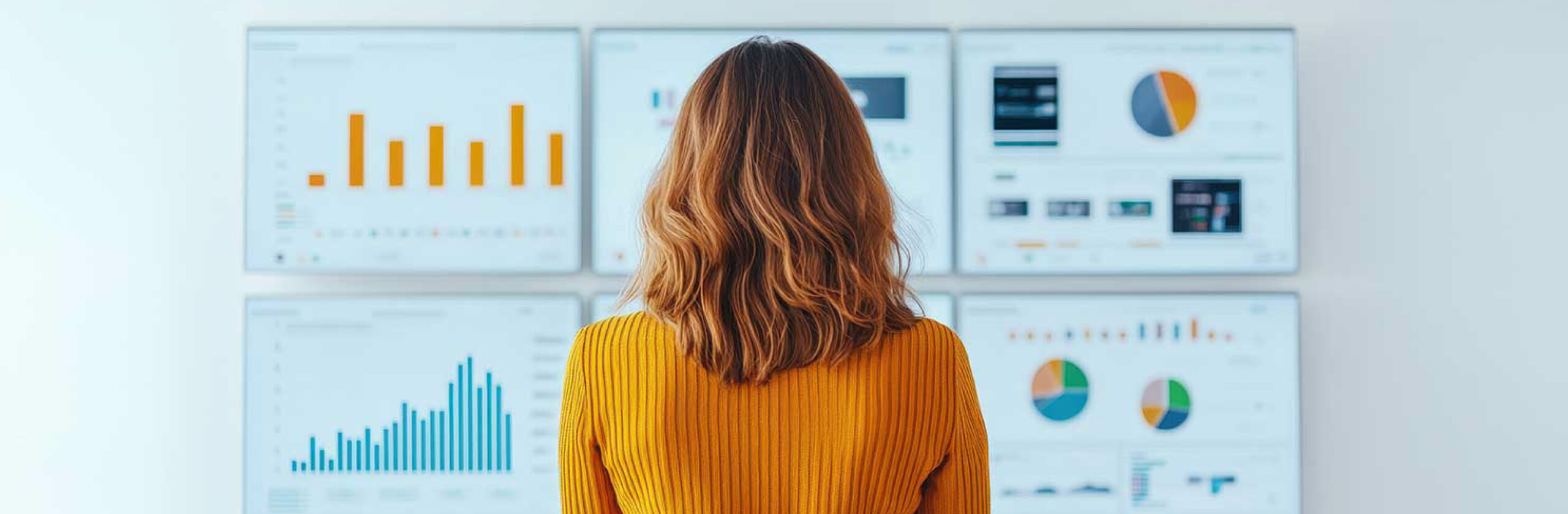 Monitoring – What are the 5 Stages of Project Management? Person facing six large screens displaying bar, pie, and line charts used for tracking business or project data.